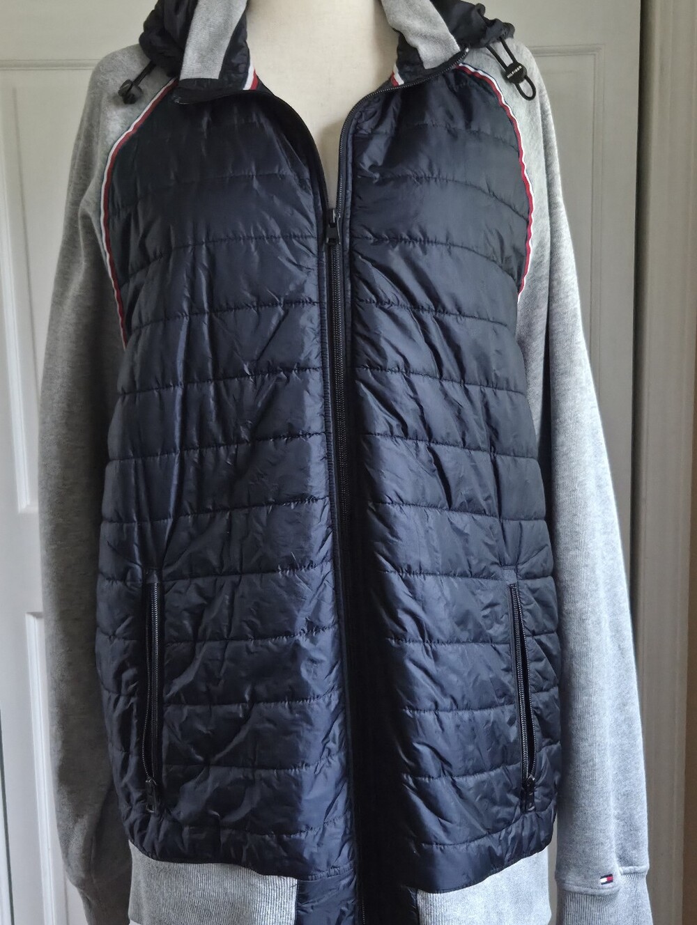 Tommy Hilfiger Navy Quilted Puffer Jacket with Grey Sleeves And Detachable Hood